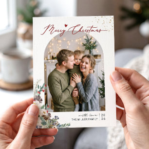 Merry Christmas Script Modern Arch Shape 4 Photo Holiday Card