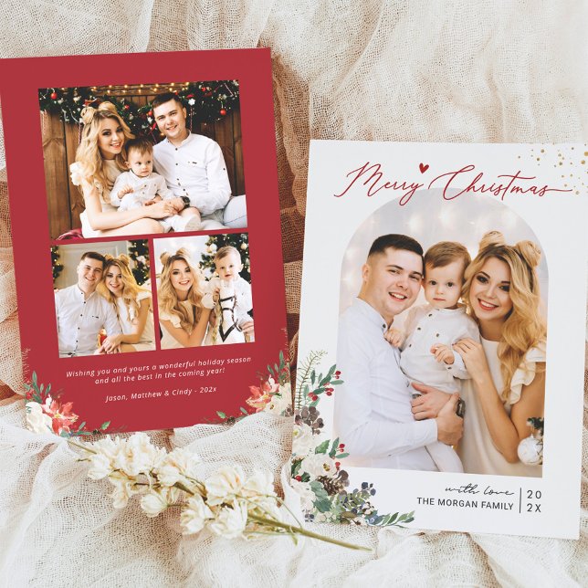 Merry Christmas Script Modern Arch Shape 4 Photo Holiday Card (Creator Uploaded)