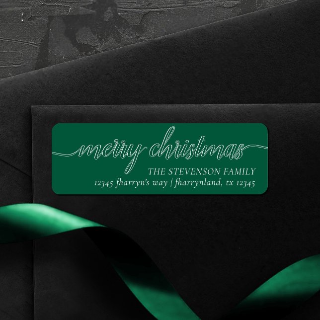 Merry Christmas Script | Modern Green Address Return Address Label (Creator Uploaded)