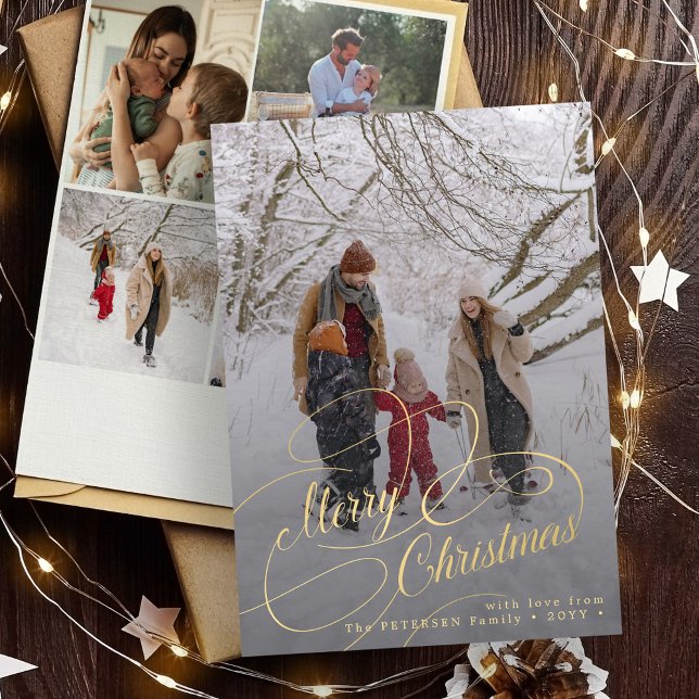 Merry Christmas script multi photo family greeting Holiday Card (Creator Uploaded)
