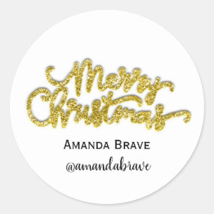 Merry Christmas Script Name Gold Glitter White Classic Round Sticker