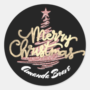 Merry Christmas Script Name Gold Rose White Classic Round Sticker