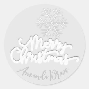 Merry Christmas  Script Name Grey Snowflakes White Classic Round Sticker