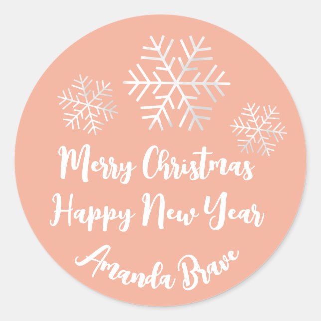 Merry Christmas  Script Name Snowflake Grey Peach Classic Round Sticker (Front)