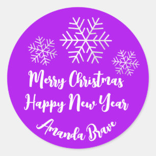 Merry Christmas  Script Name Snowflake Grey Purple Classic Round Sticker
