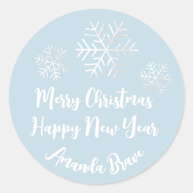 Merry Christmas  Script Name Snowflakes Grey Blue Classic Round Sticker (Front)