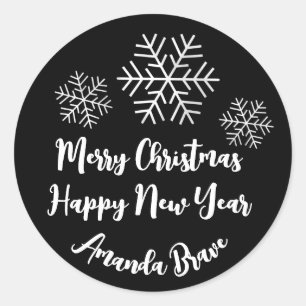 Merry Christmas Script Name Snowflakes White Blac Classic Round Sticker