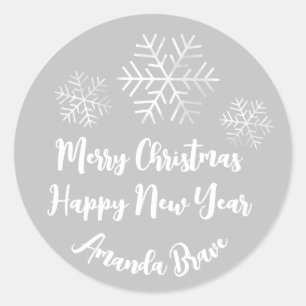 Merry Christmas Script Name Snowflakes White Grey Classic Round Sticker