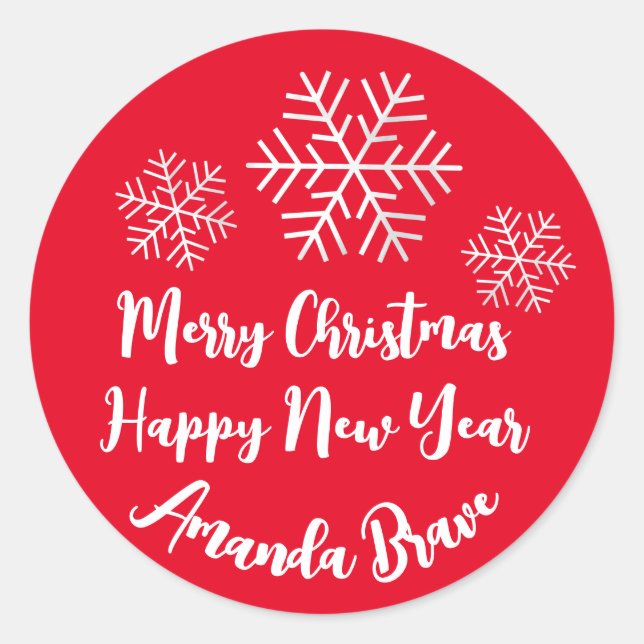 Merry Christmas  Script Name Snowflakes White Red Classic Round Sticker (Front)