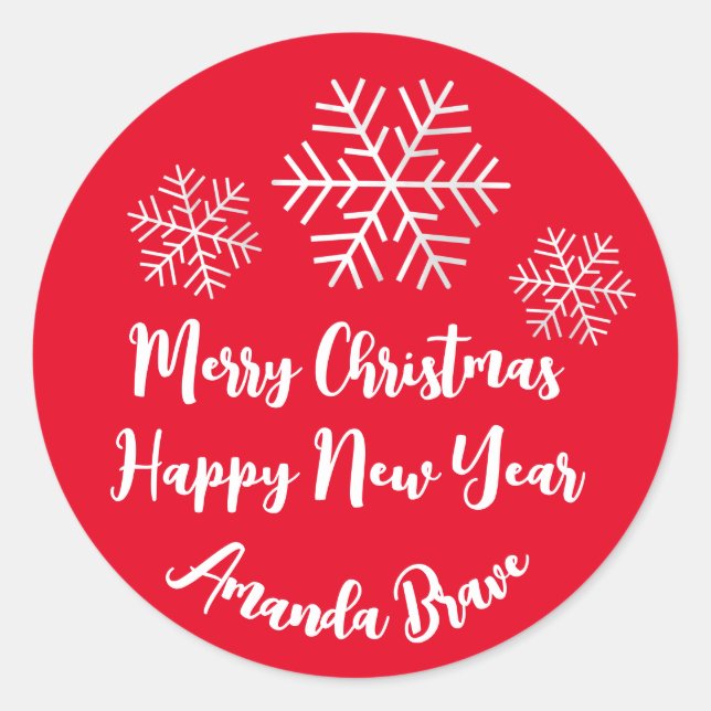 Merry Christmas  Script Name Snowflakes White Red Classic Round Sticker (Front)