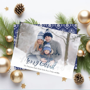 Merry Christmas Script Navy Blue Snowflake 1 Photo Holiday Card