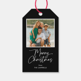 Merry Christmas Script on Black Photo Gift Tags