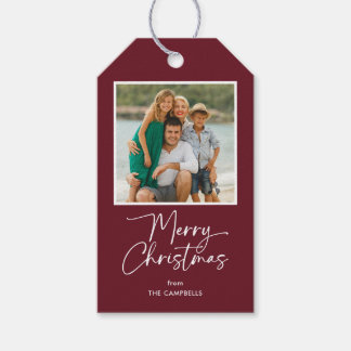 Merry Christmas Script on Burgundy Photo Gift Tags
