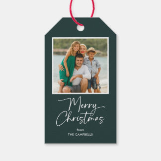 Merry Christmas Script on Forest Green Photo Gift Tags