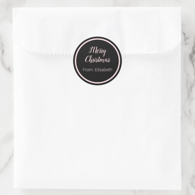 Merry Christmas Script Pale Pink & Black Name Classic Round Sticker (Bag)