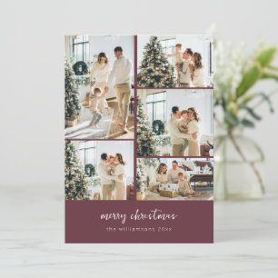 Merry Christmas Script Photo Collage Burgundy Holiday Card