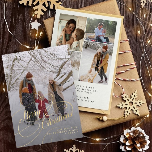 Merry Christmas script photo collage holiday card (Creator Uploaded)