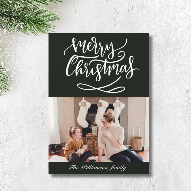 Merry Christmas Script Photo Dark Green Holiday Card (Creator Uploaded)