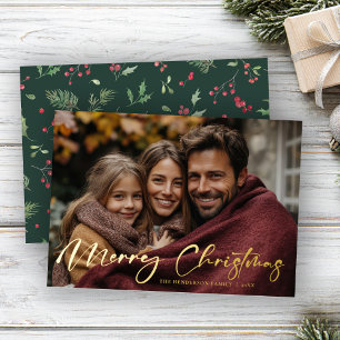 Merry Christmas Script Photo Foil Holiday Card