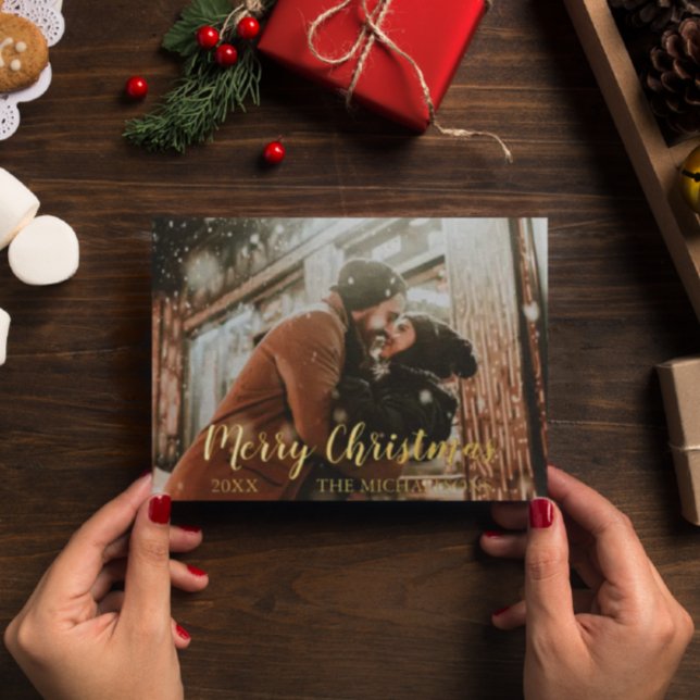 Merry Christmas Script Photo Foil Holiday Card (Creator Uploaded)