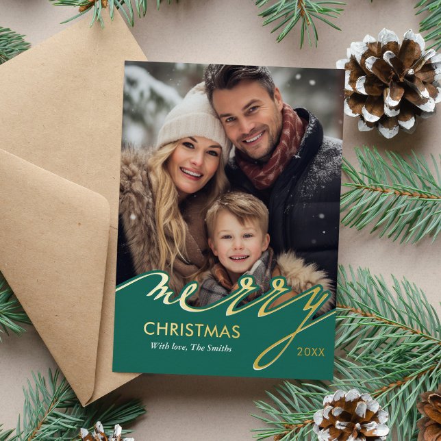 Merry Christmas Script Photo Foil Holiday Card (Creator Uploaded)