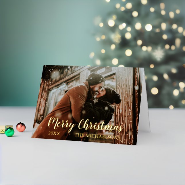 Merry Christmas Script Photo Foil Holiday Card (Holiday In Situ 2)