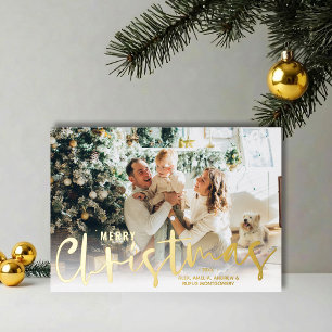 Merry Christmas Script Photo Gold Foil Holiday Card