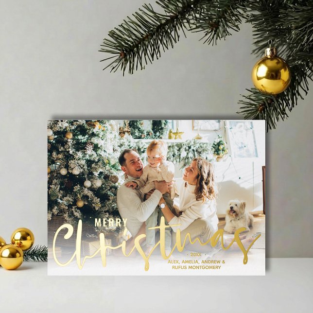 Merry Christmas Script Photo Gold Foil Holiday Card (REAL GOLD FOIL Merry Christmas script photo holiday greeting cards)