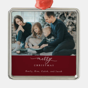 Merry Christmas Script Photo Modern Chic Red White Metal Ornament