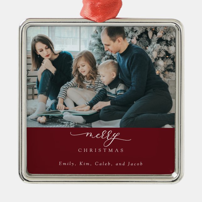 Merry Christmas Script Photo Modern Chic Red White Metal Ornament (Front)