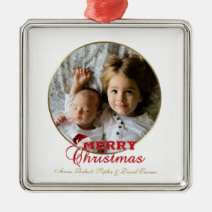 Merry Christmas Script Photo Monogram Metal Ornament