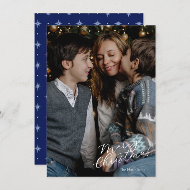 Merry Christmas Script Photo Navy Twinkle Holiday Card (Front/Back)