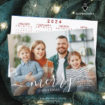 MERRY CHRISTMAS Script Photo Overlay 2024 Calendar Holiday Card<br><div class="desc">CONTACT THE DESIGNER FOR UPDATED CALENDAR ON BACK. Modern Christmas photo card with the custom colour greeting MERRY CHRISTMAS featuring chic, elegant calligraphy script photo overlay with one picture on the front and a 2024 year-at-a-glance calendar on the back in your choice of colours (shown in white text on the...</div>