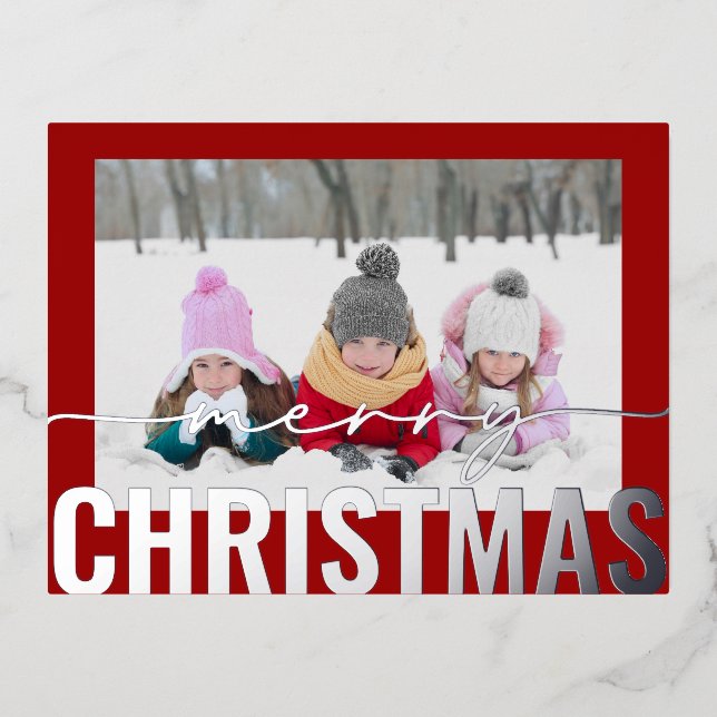 Merry Christmas Script Photo Simple Modern Foil Holiday Postcard (Front)