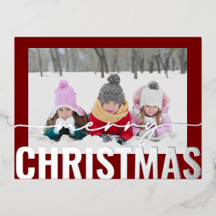 Merry Christmas Script Photo Simple Modern Foil Holiday Postcard