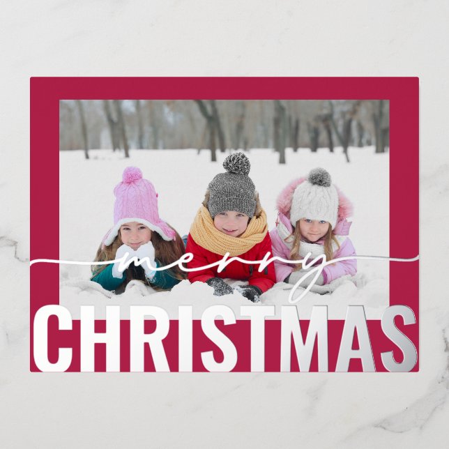 Merry Christmas Script Photo Simple Modern Foil Holiday Postcard (Front)
