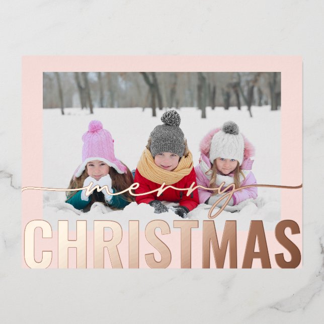 Merry Christmas Script Photo Simple Modern Foil Holiday Postcard (Front)