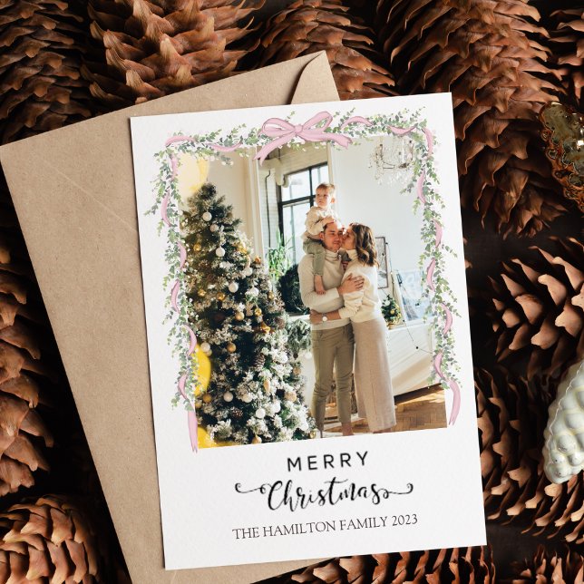 Merry Christmas Script Pink Bow Photo  Holiday Card (Creator Uploaded)