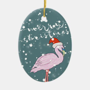 Merry Christmas Script Pink Flamingo Tropical Ceramic Ornament