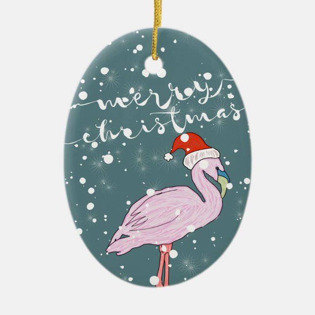 Merry Christmas Script Pink Flamingo Tropical Ceramic Ornament (Front)