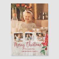 Merry Christmas Script, Poinsettia, Rustic 4-Photo