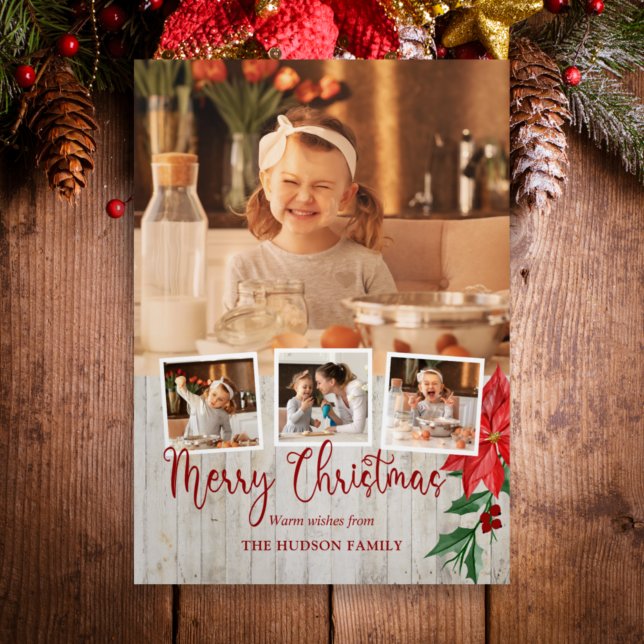 Merry Christmas Script, Poinsettia, Rustic 4-Photo Tri-Fold Card (Creator Uploaded)