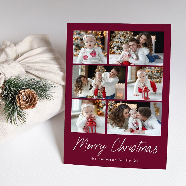 Merry Christmas Script Purple 6 Photo Collage Holiday Card (Creator Uploaded)