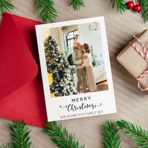 Merry Christmas Script Red Black Plaid Photo  Holiday Card