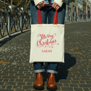 Merry Christmas Script Red Calligraphy Custom Tote Bag