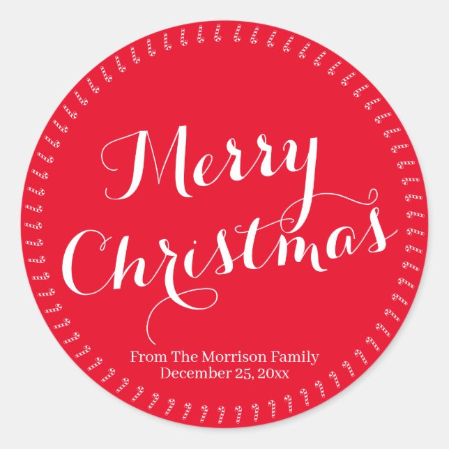 Merry Christmas script red custom family name Classic Round Sticker (Front)