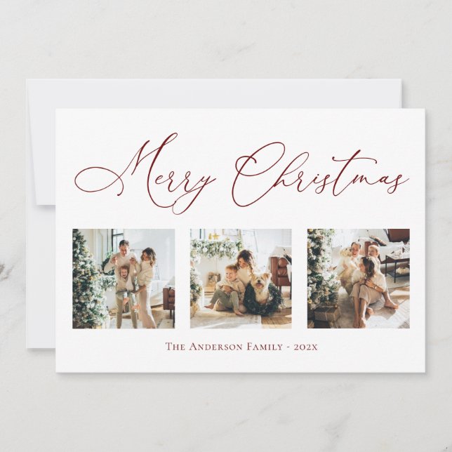 Merry Christmas Script Red Multi Photo Collage Holiday Card (Front)