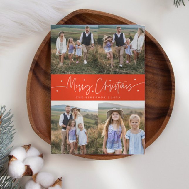 Merry Christmas Script Red Multi Photo Holiday Card (Creator Uploaded)