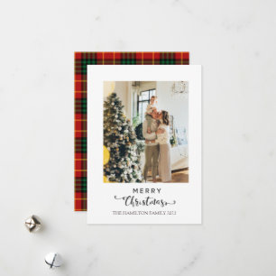 Merry Christmas Script Red Plaid Tartan Photo  Holiday Card