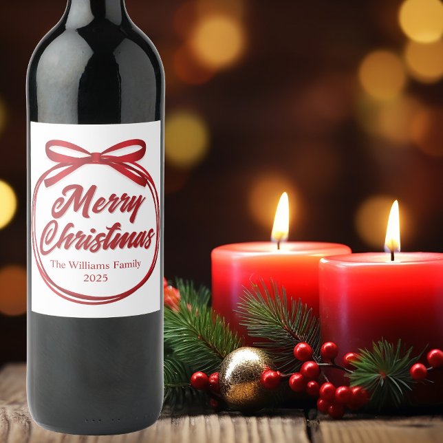 Merry Christmas Script Red Ribbon Bow Wine Label (Creator Uploaded)